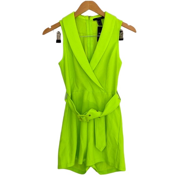 Forever 21 Pants - NWT Neon Green V Neck Collared Romper with Belt - Small